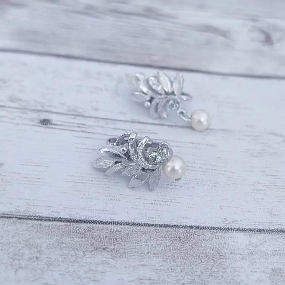 Vintage Avon Clip On Earrings Silver Tone with Faux Pearl Dangle